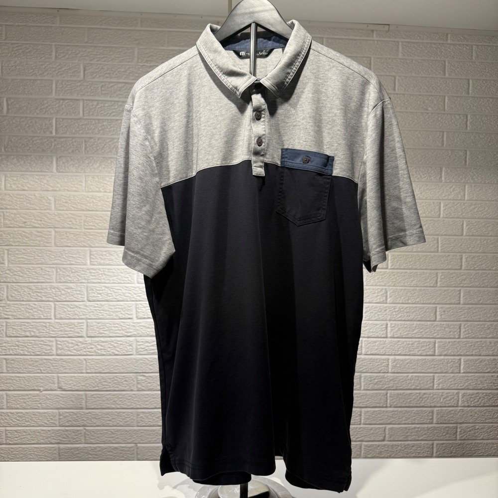 TravisMathew Colorblock Polo‎ Shirt Mens XL Gray Navy Pocket Short Sleeve Golf
